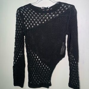 Zara Black Open-Weave Asymmetric Crew Neck Sweater
